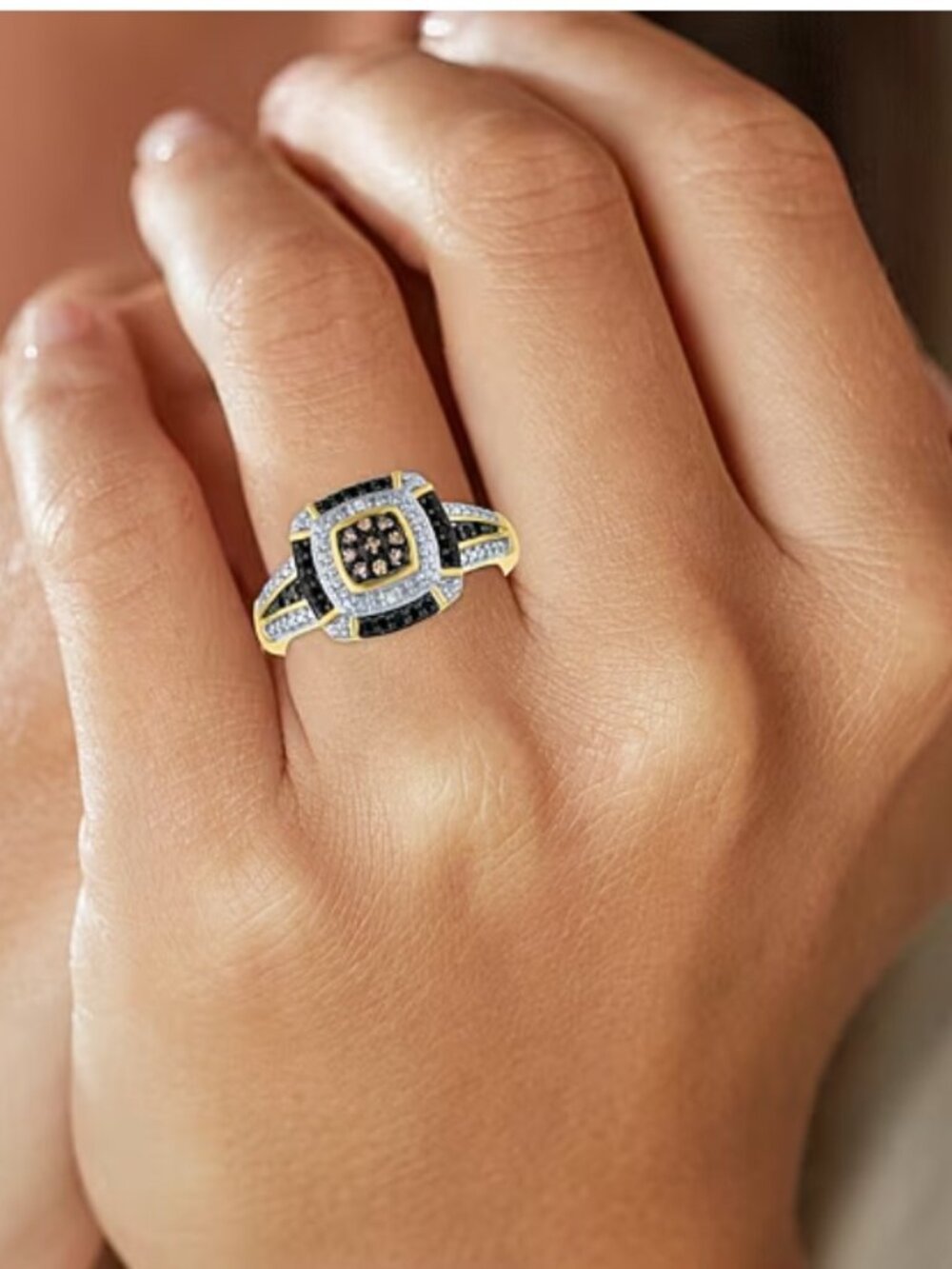 1/10 CT.T.W. Natural White, Champagne and Color-Enhanced Black Diamond Ring